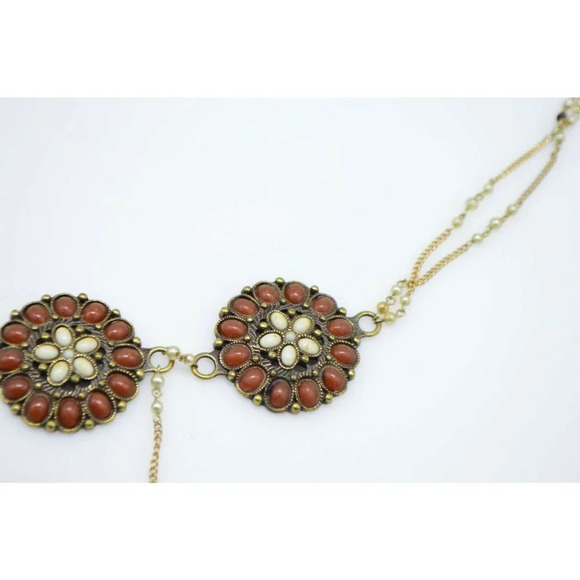 Faux Carnelian Red White Flower Bib Dangle - Picture 4 of 7